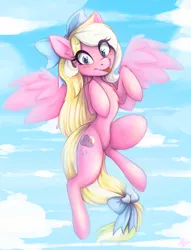 Size: 2478x3248 | Tagged: safe, artist:igazella, derpibooru import, oc, oc:bay breeze, unofficial characters only, pegasus, pony, blushing, bow, cute, female, flying, hair bow, looking at you, mare, ocbetes, sky, tail bow, tongue out