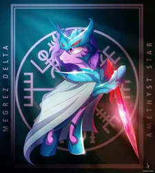 Size: 4300x4770 | Tagged: safe, artist:zidanemina, derpibooru import, amethyst star, pony, amethyst, armor, armored pony, asgardian, crossover, jewel sword, megrez delta, nordic, norse, saint seiya, solo, sword, vegvisir, weapon