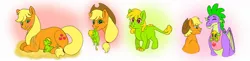 Size: 1280x311 | Tagged: safe, artist:bellbell123, derpibooru import, applejack, spike, oc, oc:crispin apple, dracony, dragon, hybrid, pony, alternate hairstyle, applespike, cute, female, interspecies offspring, male, mouth hold, offspring, parent:applejack, parent:spike, parents:applespike, scruff, shipping, straight