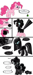 Size: 3840x8760 | Tagged: safe, artist:damlanil, derpibooru import, pinkie pie, earth pony, latex pony, original species, pony, balloon, blue sclera, comic, cute, dialogue, female, happy, latex, living latex, mare, pinkamena diane pie, show accurate, simple background, symbiote, transformation, transparent background