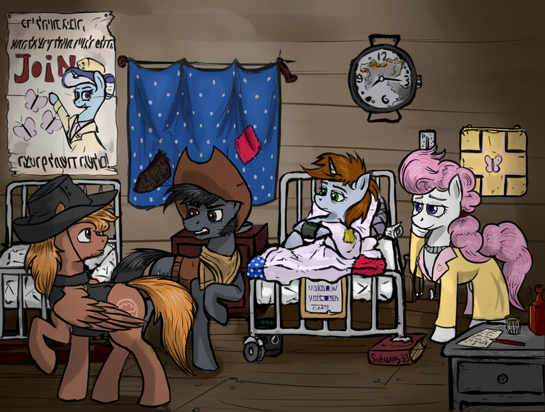 Size: 1230x930 | Tagged: safe, artist:borsch-zebrovich, derpibooru import, oc, oc:calamity, oc:candi, oc:littlepip, oc:railright, unofficial characters only, earth pony, pegasus, pony, unicorn, fallout equestria, fanfic, bed, book, clock, clothes, cowboy hat, dashite, fanfic art, female, hat, hebrew, hooves, horn, hospital, hospital bed, male, mare, medkit, ministry of peace, new appleloosa, pillow, pipbuck, poster, raised hoof, stallion, wings