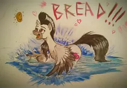 Size: 3709x2560 | Tagged: safe, artist:borsch-zebrovich, derpibooru import, oc, unofficial characters only, pegasus, pony, behaving like a bird, bread, feeding, food, pegaduck, solo, traditional art, water