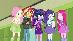 Size: 1280x720 | Tagged: safe, derpibooru import, screencap, fluttershy, pinkie pie, rarity, sci-twi, sunset shimmer, twilight sparkle, eqg summertime shorts, equestria girls, monday blues, boots, canterlot high, clothes, geode of fauna, geode of sugar bombs, geode of telekinesis, glasses, lockers, magical geodes, pinkamena diane pie, ponytail, shocked, shoes, skirt, socks, wet hair