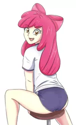 Size: 1306x2147 | Tagged: safe, artist:sumin6301, derpibooru import, apple bloom, apple bloomers, equestria girls, apple bloom's bow, bloom butt, bow, butt, clothes, eye clipping through hair, female, gym uniform, hair bow, looking at you, looking back, looking back at you, older, older apple bloom, open mouth, plot, simple background, smiling, solo, sports panties, white background