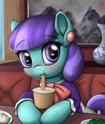 Size: 2332x2752 | Tagged: safe, artist:celsian, derpibooru import, mixed berry, earth pony, pony, background pony, blushing, bubble tea, bun, china, clothes, cute, cuteaberry, drink, drinking, drinking straw, ear fluff, ear piercing, earring, eyebrows visible through hair, female, food, jewelry, looking at you, mare, painting, piercing, restaurant, signature, sitting, smiling, solo, sucking, tea, vase, waifu dinner