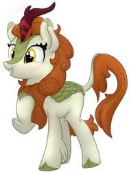 Size: 965x1260 | Tagged: alternate version, artist:soctavia, autumn blaze, background removed, blushing, cloven hooves, derpibooru import, female, happy, hoof on chest, kirin, leonine tail, mare, safe, signature, simple background, solo, transparent background