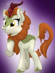 Size: 965x1260 | Tagged: artist:soctavia, autumn blaze, blushing, cloven hooves, derpibooru import, female, gradient background, happy, hoof on chest, kirin, leonine tail, mare, safe, signature, solo