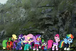 Size: 1088x735 | Tagged: safe, artist:kayman13, derpibooru import, applejack, fili-second, fluttershy, humdrum, masked matter-horn, mistress marevelous, pinkie pie, radiance, rainbow dash, rarity, saddle rager, spike, twilight sparkle, twilight sparkle (alicorn), zapp, alicorn, dragon, pony, cliff, clothes, confused, costume, irl, looking at each other, looking left, looking up, mane seven, mane six, photo, ponies in real life, pose, power ponies, smiling