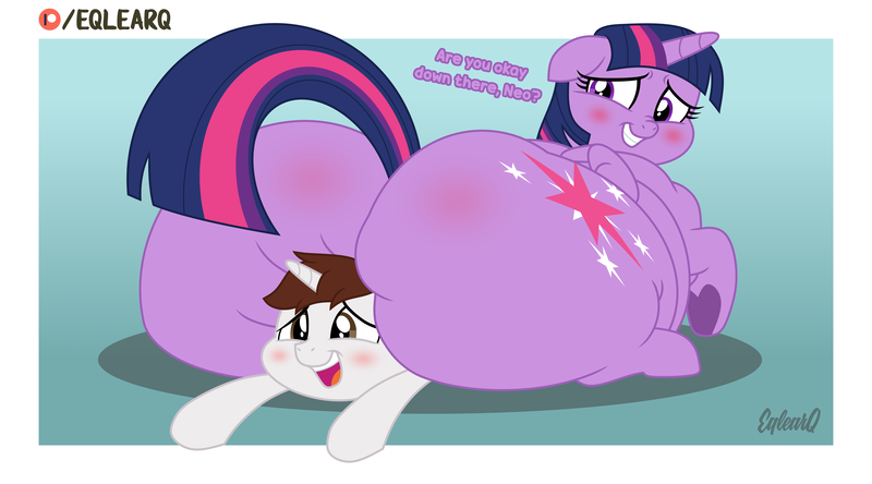 Size: 9000x5000 | Tagged: questionable, artist:eqlearq, derpibooru import, twilight sparkle, twilight sparkle (alicorn), oc, oc:neo star, alicorn, pony, unicorn, absurd resolution, blushing, butt, canon x oc, crushing, dialogue, fat, female, floppy ears, gradient background, heart, heart hoof, huge butt, large butt, looking back, lying on top of someone, male, obese, patreon, patreon logo, plot, prone, raised tail, sheepish grin, squishy, starkle, straight, tail, twilard sparkle, twilight has a big ass, underhoof