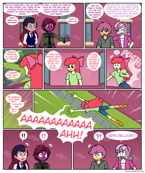 Size: 862x1026 | Tagged: safe, artist:crydius, derpibooru import, apple bloom, scootaloo, sweetie belle, oc, oc:eldritch, oc:gamma, android, robot, comic:ardent, equestria girls, my little pony: the movie, biography, clothes, comic, glowing text, imminent death, imminent injury, jacket, leather jacket, leather pants, leather shoes, looking at you, magical hetero spawn, magical lesbian spawn, male, no pupils, offspring, pants, parent:oc:crydius, parent:sci-twi, parent:sunset shimmer, parent:tempest shadow, parents:canon x oc, parents:crydiusshadow, parents:scitwishimmer, scientific lesbian spawn, shipping, smiling