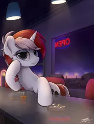 Size: 2183x2873 | Tagged: safe, artist:av-4, artist:avastin4, derpibooru import, oc, oc:stock piston, pony, unicorn, ashtray, bar, cigarette, diner, female, looking at you, rtx, solo, stars, sunset, truck