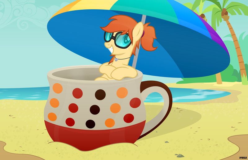 Size: 5740x3700 | Tagged: safe, artist:a4r91n, derpibooru import, oc, oc:home sweet, unofficial characters only, earth pony, pony, beach, cup, cup of pony, jewelry, looking at you, micro, ocean, palm tree, pendant, smiling, solo, summer, sunglasses, tree, umbrella