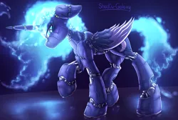 Size: 6100x4100 | Tagged: safe, artist:shad0w-galaxy, derpibooru import, princess luna, alicorn, pony, robot, robot pony, absurd resolution, cutie mark, cyberpunk, ethereal mane, female, mare, roboticization, shiny, simple background, solo