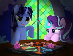 Size: 3235x2500 | Tagged: safe, artist:spellboundcanvas, derpibooru import, starlight glimmer, oc, oc:dynamo pad, pony, unicorn, board game, dice, dragon pit, duo, magic, stained glass, stained glass window