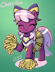 Size: 963x1258 | Tagged: safe, artist:soulcentinel, derpibooru import, cheerilee, earth pony, pony, bow, cheeribetes, cheerileeder, cheerleader, cheerleader outfit, clothes, cute, eyes closed, female, hair bow, mare, moe, pinup, pleated skirt, pom pom, raised hoof, skirt, smiling, solo
