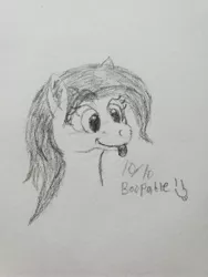 Size: 3024x4032 | Tagged: safe, artist:kalashnikitty, derpibooru import, oc, oc:flugel, pony, black and white, boopable, cute, female, grayscale, happy, head, mare, monochrome, pencil drawing, sketch, solo, tongue out, traditional art