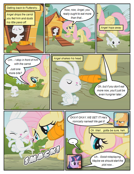 Size: 612x792 | Tagged: safe, artist:newbiespud, derpibooru import, edit, edited screencap, screencap, angel bunny, fluttershy, twilight sparkle, earth pony, pony, rabbit, unicorn, comic:friendship is dragons, dragonshy, ..., animal, annoyed, comic, crossed arms, dialogue, eyes closed, female, hat, kicking, male, mare, mouth hold, onomatopoeia, screencap comic, unicorn twilight