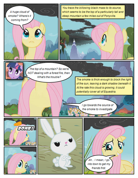 Size: 612x792 | Tagged: safe, artist:newbiespud, derpibooru import, edit, edited screencap, screencap, angel bunny, fluttershy, twilight sparkle, pegasus, pony, rabbit, unicorn, comic:friendship is dragons, dragonshy, animal, annoyed, carrot, comic, crossed arms, dialogue, female, food, looking up, male, mare, mountain, onomatopoeia, screencap comic, smoke, unicorn twilight