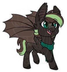 Size: 1221x1323 | Tagged: safe, artist:bluebrush09, deleted from derpibooru, derpibooru import, oc, oc:aramintia chip, unofficial characters only, bat pony, chibi, clothes, commission, cute, raised leg, scarf, simple background, smiling, solo, spread wings, standing, transparent background, unshorn fetlocks, watermark, weapons-grade cute, wings