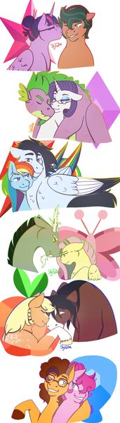 Size: 1280x4503 | Tagged: safe, artist:slyfeline, derpibooru import, applejack, cheese sandwich, discord, fluttershy, pinkie pie, rainbow dash, rarity, sci-twi, soarin', spike, timber spruce, trouble shoes, twilight sparkle, twilight sparkle (alicorn), alicorn, draconequus, dragon, earth pony, pegasus, pony, unicorn, equestria girls, adult, adult spike, alternate hairstyle, beanie, cheesepie, discoshy, eyes closed, female, glasses, hat, hug, kiss on the cheek, kissing, male, mane seven, mane six, mare, older, older spike, one eye closed, shipping, simple background, soarindash, sparity, stallion, straight, timbertwi, troublejack, white background