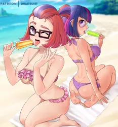 Size: 1120x1200 | Tagged: alternate hairstyle, artist:draltruist, ass, attached skirt, barefoot, beach, bikini, breasts, busty moondancer, busty twilight sparkle, butt, clothes, derpibooru import, feet, female, food, frilled swimsuit, human, humanized, kneeling, legs, miniskirt, moondancer, one eye closed, pink swimsuit, popsicle, purple swimsuit, short hair, skirt, stupid sexy moondancer, stupid sexy twilight, suggestive, suggestive eating, swimsuit, thighs, thong swimsuit, twibutt, twilight sparkle, underboob