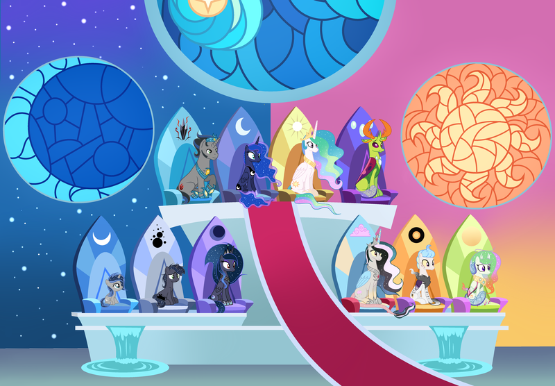 Size: 5583x3879 | Tagged: safe, artist:velveagicsentryyt, derpibooru import, king sombra, princess celestia, princess luna, thorax, oc, oc:asterism, oc:flosun pollen, oc:lunais, oc:moonlight moon, oc:moonlight sonata, oc:mysterilestia, changedling, changeling, changepony, hybrid, alicorn thrones, female, good king sombra, image, interspecies offspring, king thorax, lumbra, male, offspring, parent:discord, parent:king sombra, parent:princess celestia, parent:princess luna, parent:thorax, parents:dislestia, parents:lumbra, parents:thoralestia, png, ship:lumbra, shipping, sombra's cutie mark, straight, thoralestia, throne