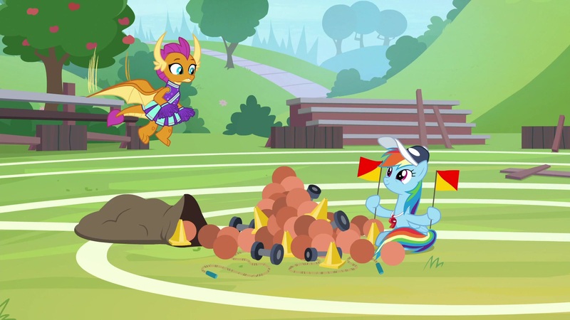 Size: 1920x1080 | Tagged: safe, derpibooru import, screencap, rainbow dash, smolder, dragon, pony, 2 4 6 greaaat, ball, cheerleader outfit, cheerleader smolder, clothes, flag