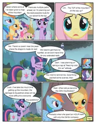 Size: 612x792 | Tagged: safe, artist:newbiespud, derpibooru import, edit, edited screencap, screencap, applejack, fluttershy, pinkie pie, rainbow dash, rarity, twilight sparkle, earth pony, pegasus, pony, unicorn, comic:friendship is dragons, dragonshy, bag, clothes, comic, dialogue, eyes closed, female, freckles, hat, mane six, mare, mountain, mouth hold, saddle bag, scarf, screencap comic, smoke, unicorn twilight