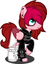 Size: 772x1035 | Tagged: safe, artist:fletcherthehuntress, derpibooru import, oc, oc:mallory, unofficial characters only, pegasus, pony, boots, clothes, ear piercing, earring, eyeshadow, female, fingerless gloves, gloves, jacket, jewelry, leather jacket, makeup, mare, piercing, raised hoof, shoes, simple background, skirt, socks, solo, transparent background