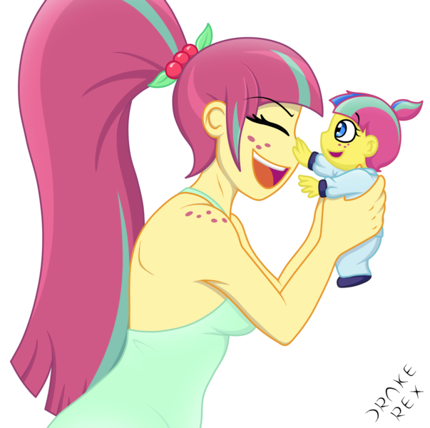 Size: 1507x1500 | Tagged: safe, artist:drake-rex, derpibooru import, sour sweet, oc, oc:citrus flare, equestria girls, baby, boop, commission, cute, female, freckles, happy, laughing, long hair, momma sour sweet, mother, mother and child, mother and daughter, offspring, parent:oc:sparks, parent:sour sweet, parents:canon x oc, parents:sourks, shoulder freckles, sourbetes