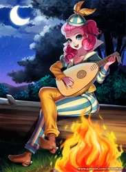 Size: 880x1200 | Tagged: artist:racoonsan, bard, bard pie, campfire, clothes, commission, commissioner:imperfectxiii, derpibooru import, dungeons and discords, dungeons and dragons, fantasy class, female, human, humanized, log, lute, moon, musical instrument, night, night sky, ogres and oubliettes, open mouth, pen and paper rpg, pinkie pie, pony coloring, rpg, safe, sitting, sky, solo