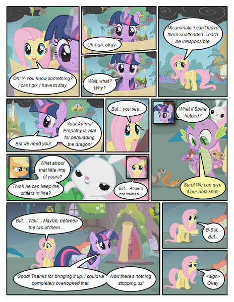 Size: 612x792 | Tagged: safe, artist:newbiespud, derpibooru import, edit, edited screencap, screencap, angel bunny, fluttershy, spike, twilight sparkle, dragon, earth pony, ferret, pegasus, pony, rabbit, squirrel, unicorn, comic:friendship is dragons, dragonshy, animal, bag, comic, dialogue, female, glowing horn, grin, horn, lidded eyes, magic, male, map, mare, saddle bag, screencap comic, smiling, smoke, telekinesis, unicorn twilight