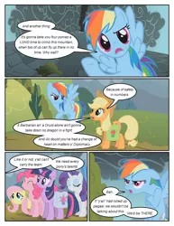 Size: 612x792 | Tagged: safe, artist:newbiespud, derpibooru import, edit, edited screencap, screencap, applejack, fluttershy, pinkie pie, rainbow dash, rarity, twilight sparkle, earth pony, pegasus, pony, unicorn, comic:friendship is dragons, dragonshy, annoyed, bag, comic, crossed arms, dialogue, eyes closed, female, flying, freckles, hat, mane six, mare, mountain, saddle bag, screencap comic, smoke, unicorn twilight