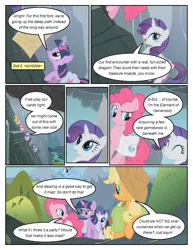 Size: 612x792 | Tagged: safe, artist:newbiespud, derpibooru import, edit, edited screencap, screencap, applejack, fluttershy, pinkie pie, rainbow dash, rarity, twilight sparkle, earth pony, pegasus, pony, unicorn, comic:friendship is dragons, dragonshy, bag, climbing, comic, dialogue, female, freckles, glowing horn, hat, horn, magic, mane six, map, mare, mountain, saddle bag, screencap comic, telekinesis, unicorn twilight