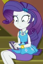 Size: 696x1037 | Tagged: safe, derpibooru import, screencap, rarity, costume conundrum, equestria girls, equestria girls series, spoiler:eqg series (season 2), cropped, cute, female, geode of shielding, gold, guitar, iphone, jewelry, legs, magical geodes, mobile phone, musical instrument, phone, raribetes, sitting, sleeveless, smartphone, stairs, sunset's apartment, wrist cuffs