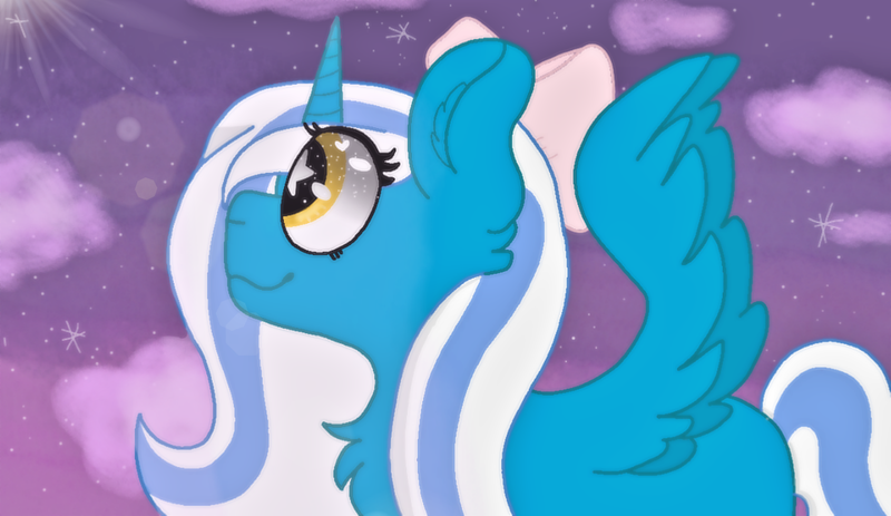 Size: 1866x1080 | Tagged: safe, artist:xtordiex, derpibooru import, oc, oc:fleurbelle, alicorn, pony, alicorn oc, bow, cloud, cloudy, cure, female, hair bow, happy, horn, mare, night, night sky, sky, smiling, wingding eyes, wings, yellow eyes