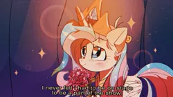 Size: 1280x720 | Tagged: safe, artist:poneko-chan, derpibooru import, fluttershy, pegasus, pony, horse play, bouquet, celestia costume, clothes, cosplay, costume, dialogue, female, flower, mare, rose, scene interpretation, shylestia