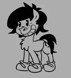 Size: 426x466 | Tagged: safe, artist:lockhe4rt, derpibooru import, oc, oc:anonfilly, unofficial characters only, earth pony, pony, 1930s, beady eyes, black and white, chest fluff, clothes, disney, disney style, female, filly, freckles, grayscale, lineart, monochrome, old timey, question mark, shoes, simple background, smiling, solo, style emulation, white background