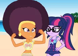 Size: 4000x2857 | Tagged: safe, artist:bigpurplemuppet99, artist:matty4z, artist:sketchmcreations, derpibooru import, saffron masala, sci-twi, twilight sparkle, equestria girls, equestria girls series, afro, clothes, female, flexing, geode of telekinesis, lesbian, magical geodes, shipping, swimsuit, twiffron