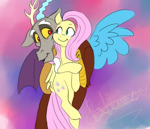 Size: 499x430 | Tagged: safe, artist:sirskipper, derpibooru import, discord, fluttershy, draconequus, pegasus, pony, abstract background, cutie mark, discoshy, female, floppy ears, holding a pony, looking at each other, male, mare, shipping, smiling, spread wings, straight, wings