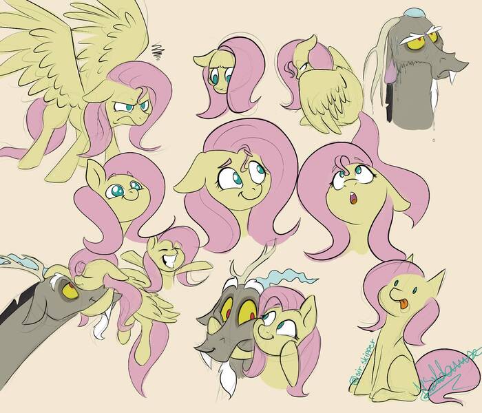 Size: 1750x1500 | Tagged: safe, artist:sirskipper, derpibooru import, discord, fluttershy, draconequus, pegasus, pony, discoshy, emotions, female, floppy ears, floppy horn, horn, hug, male, mare, shipping, simple background, sketch, sketch dump, smiling, spread wings, straight, stray strand, tongue out, wings