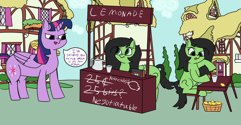 Size: 3000x1555 | Tagged: safe, artist:anonymous, derpibooru import, twilight sparkle, twilight sparkle (alicorn), oc, oc:anonfilly, alicorn, earth pony, pony, building, bush, chair, cloud, cup, dialogue, female, filly, food, grass, juice, lemon, lemonade, lemonade stand, pitcher, ponyville, question mark, radio, sign, sitting, smiling, table, text, tongue out, tree, writing