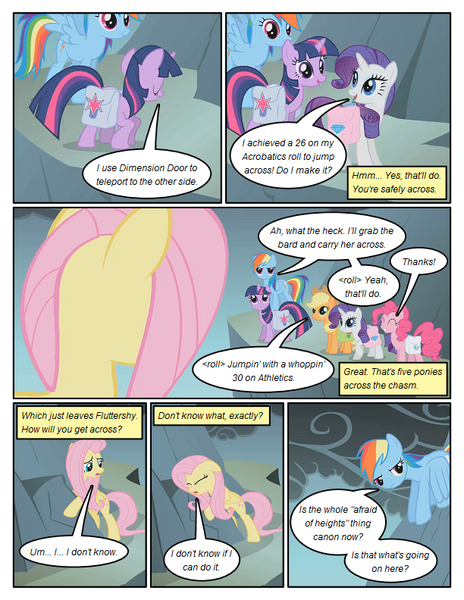 Size: 612x792 | Tagged: safe, artist:newbiespud, derpibooru import, edit, edited screencap, screencap, applejack, fluttershy, pinkie pie, rainbow dash, rarity, twilight sparkle, earth pony, pegasus, pony, unicorn, comic:friendship is dragons, dragonshy, acrophobia, bag, comic, dialogue, female, mane six, mare, mountain, saddle bag, scared, screencap comic, smoke, unicorn twilight