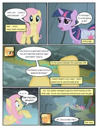 Size: 612x792 | Tagged: safe, artist:newbiespud, derpibooru import, edit, edited screencap, screencap, applejack, fluttershy, pinkie pie, rainbow dash, rarity, twilight sparkle, earth pony, pegasus, pony, unicorn, comic:friendship is dragons, dragonshy, acrophobia, bag, comic, dialogue, female, freckles, hat, looking down, mane six, mare, mountain, rearing, river, saddle bag, screencap comic, smiling, smoke, unicorn twilight