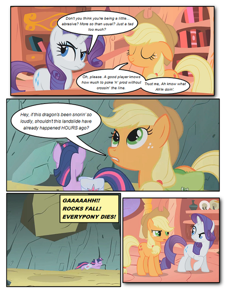 Size: 612x792 | Tagged: safe, artist:newbiespud, derpibooru import, edit, edited screencap, screencap, twilight sparkle, earth pony, pony, unicorn, comic:friendship is dragons, dragonshy, bag, boulder, comic, dialogue, female, freckles, golden oaks library, hat, looking up, mare, saddle bag, screencap comic, unamused, unicorn twilight