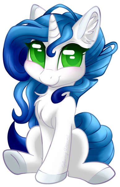 Size: 719x1111 | Tagged: safe, artist:gleamydreams, derpibooru import, oc, oc:gleamy, pony, unicorn, blue hair, blushing, curly hair, cute, digital art, female, freckles, looking at you, mare, sitting, smiling, solo