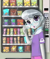 Size: 1850x2179 | Tagged: safe, artist:chopsticks, derpibooru import, silver spoon, equestria girls, clothes, cute, eyebrows visible through hair, female, food, glasses, jewelry, looking at you, necklace, open mouth, pearl necklace, silverbetes, vending machine