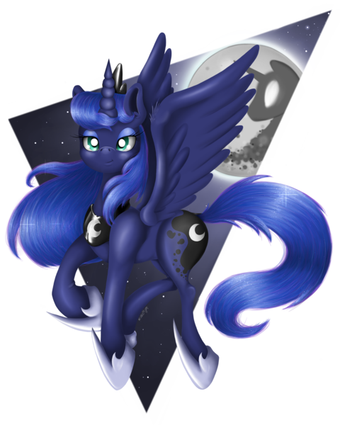 Size: 2000x2500 | Tagged: safe, artist:valemjj, derpibooru import, princess luna, alicorn, pony, abstract background, female, flying, looking at you, mare, mare in the moon, moon, night, simple background, smiling, smirk, solo, spread wings, transparent background, wings