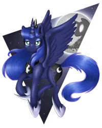 Size: 2000x2500 | Tagged: safe, artist:valemjj, derpibooru import, princess luna, alicorn, pony, abstract background, female, flying, looking at you, mare, mare in the moon, moon, night, simple background, smiling, smirk, solo, spread wings, transparent background, wings