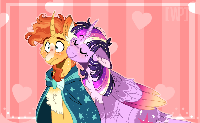 Size: 773x477 | Tagged: safe, artist:wanderingpegasus, derpibooru import, sunburst, twilight sparkle, twilight sparkle (alicorn), alicorn, pony, unicorn, blushing, female, kiss on the cheek, kissing, male, shipping, straight, twiburst